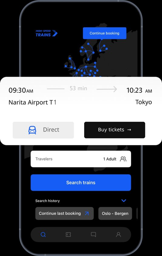 High-Speed Trains app showing Narita Airport to Tokyo train search