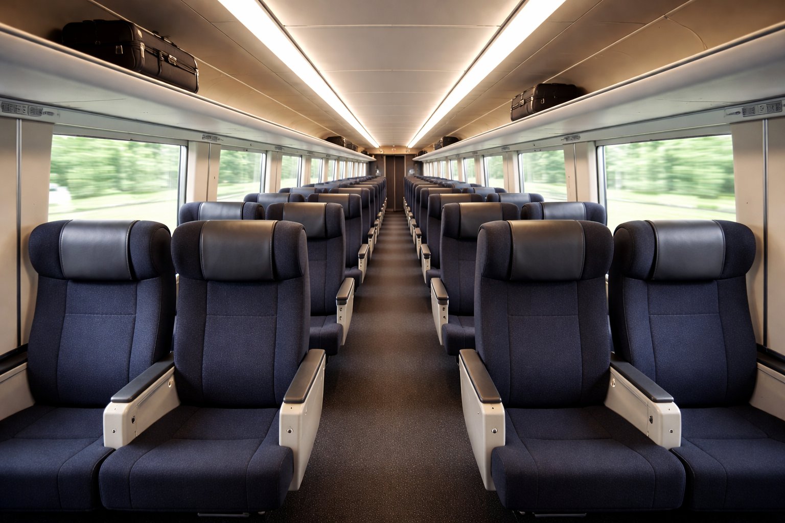 Narita Express Ordinary Car interior with dark navy 2+2 reclining seats, overhead luggage racks and large windows showing Japanese countryside