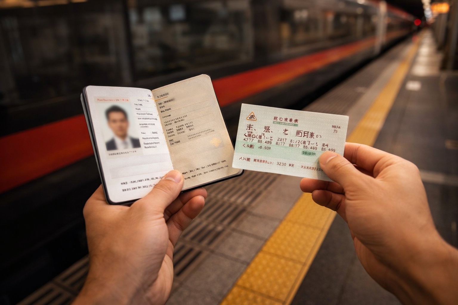 Traveller holding a JR East paper ticket and open passport at a Japanese station platform, Narita Express train with red stripe visible in background
