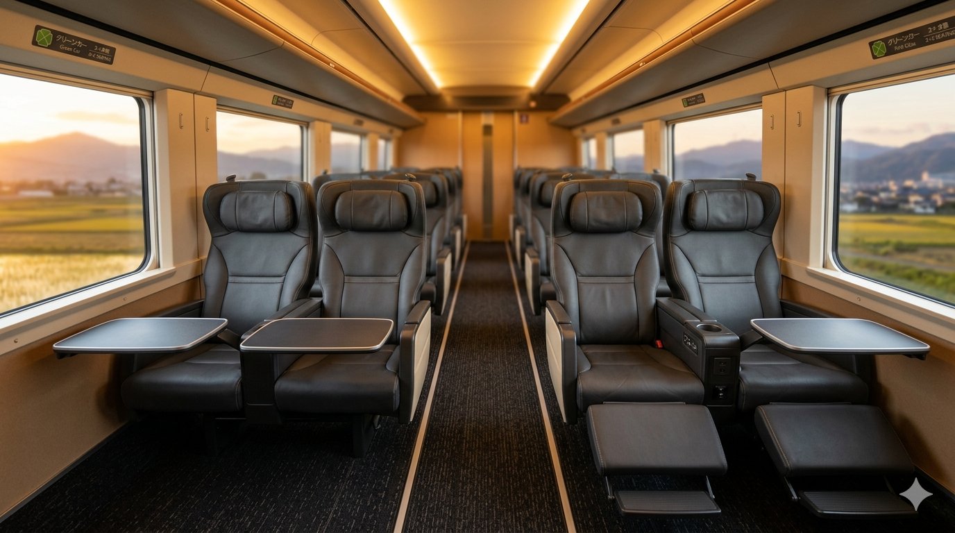 Narita Express Green Car first class interior with dark leather 2+2 reclining seats, footrests extended, fold-down tables and golden sunset view through large windows