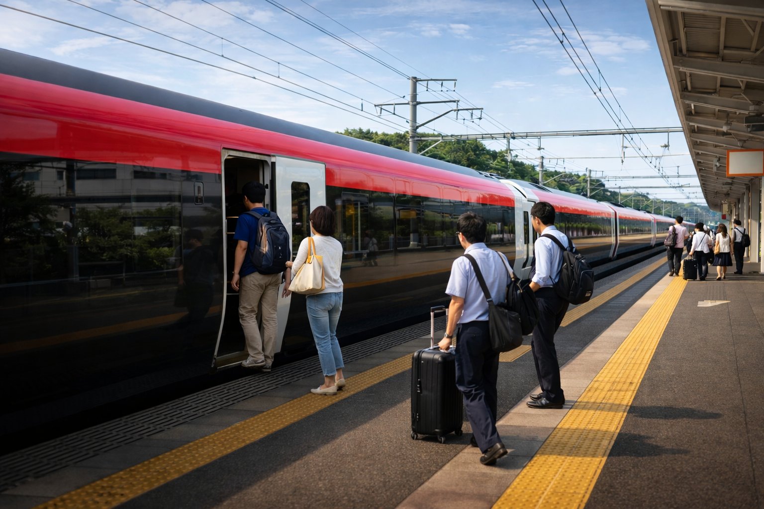 Passengers with luggage boarding the Narita Express train at a Japanese suburban station platform, red and black train livery, yellow safety line, clear blue sky
