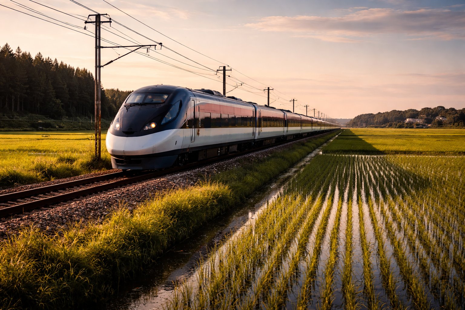 Narita Express train travelling through flooded green rice paddy fields in Chiba Prefecture Japan at golden hour, catenary poles and tree line in background