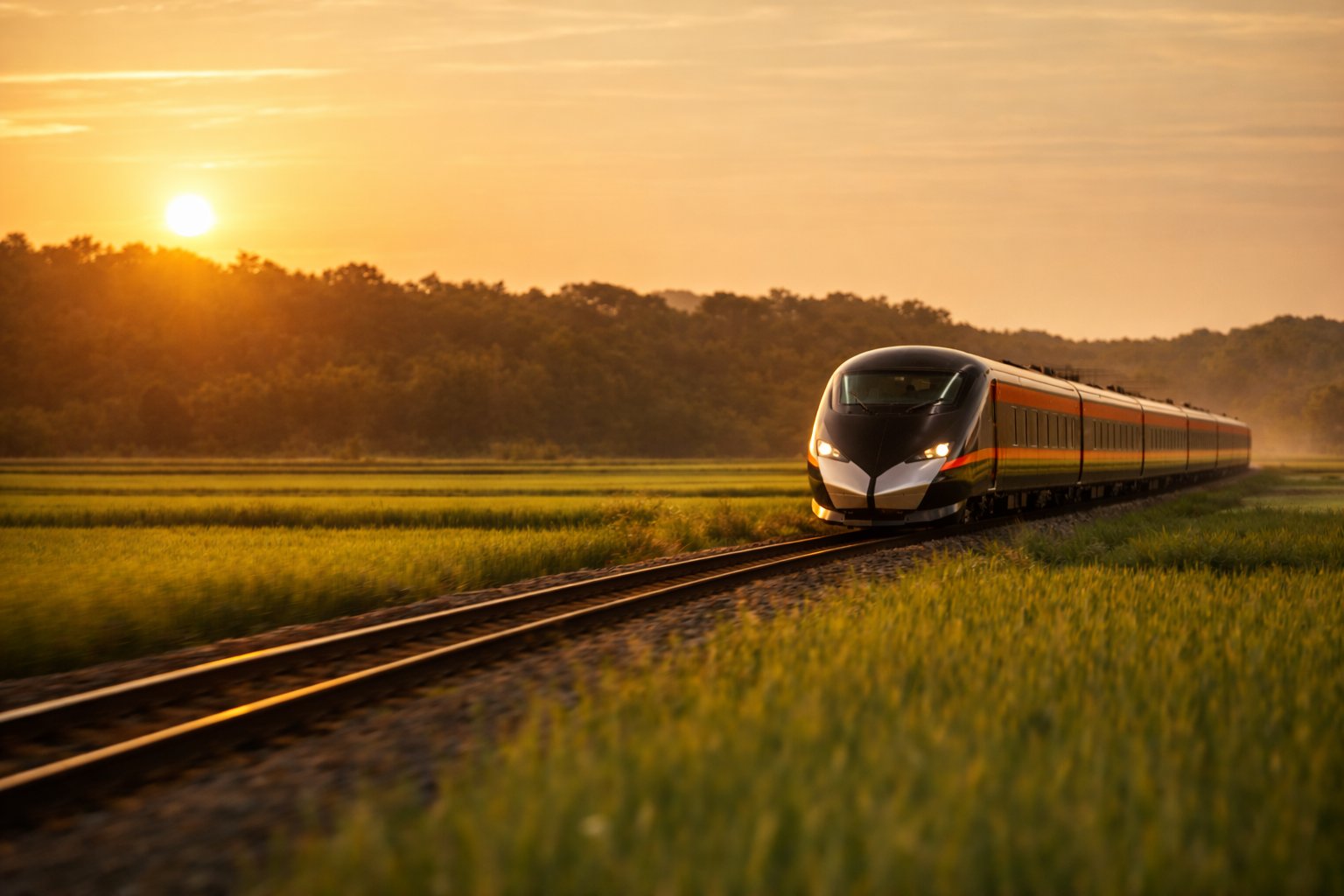Narita Express train approaching at speed through green fields at golden sunset, dramatic low angle view